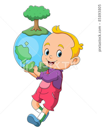 The boy is holding the healthy earth with the big tree on the top The boy is holding the healthy earth with the big tree on the top 85893805