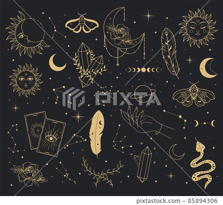 Set of golden aesthetic celestial witchcraft mystical elements on dark 85894306