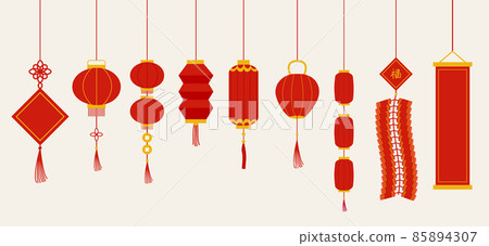 Set of isolated red Chinese New Year hanging lanterns 85894307