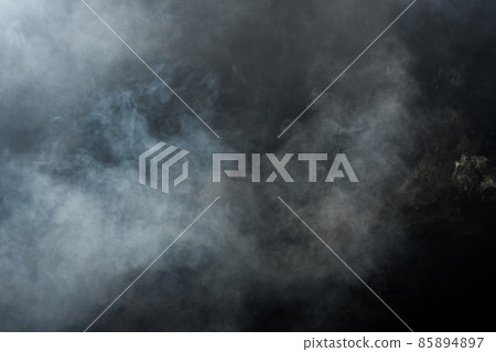 Dense Fluffy Puffs of White Smoke and Fog on Black Background, Abstract Smoke Clouds 85894897