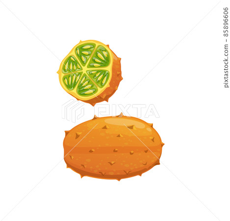 Kiwano or horned mellow whole and cut exotic tropical fruit isolated. Vector african horned cucumber, succulent healthy organic fruit with spikes, ripe juicy vegetarian food edible kiwano 85896606
