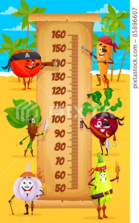Cartoon funny pirate vegetables kids height chart, vector growth measure meter. Child grow ruler tall measuring scale, corsairs characters tomato, carrot and garlic, beetroot, zucchini and spinach 85896607