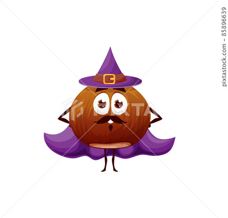 Cartoon hazelnut wizard in hat character. Fairytale ripe nut, cute hazelnut mascot wearing hat and cape. Happy smiling sorcerer personage, vector comic fantasy nut character 85896639