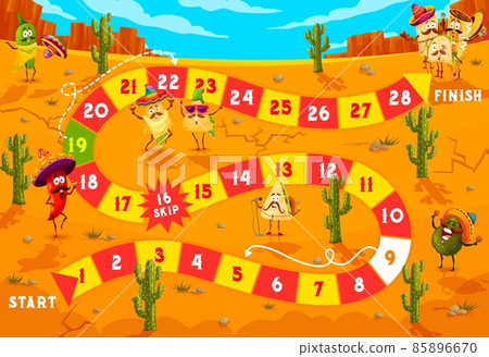 Kids board game cartoon mexican food characters on desert landscape. Vector step boardgame with tex mex tacos, burrito, avocado, queasdilla, nachos, enchiladas and jalapeno. Children riddle worksheet Kids board game cartoon mexican food characters on desert landscape. Vector step boardgame with tex mex tacos, burrito, avocado, queasdilla, nachos, enchiladas and jalapeno. Children riddle worksheet 85896670