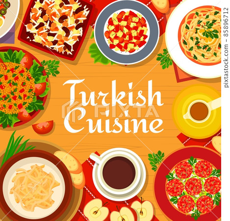 Turkish cuisine menu cover with restaurant meals, Turkey food dishes vector poster. Turkish cuisine lunch and dinner menu with bulgur kofte and baklava sweets, chicken noodles soup and porridge 85896712
