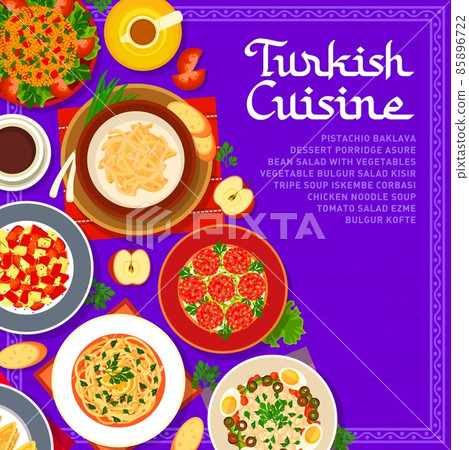Turkish cuisine menu cover template with food meals and Turkey dishes for restaurant, vector. Turkish cuisine or kitchen lunch or dinner bulgur kofte, baklava pastry and tripe soup iskembe corbasi 85896722