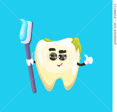 Emoticon dirty tooth cartoon character with brush and toothpaste showing ok sign isolated. Vector healthy smile, dentistry and stomatology symbol. Oral hygiene and care, toothache, comic implant 85896723