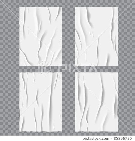 White glued wet paper posters with wrinkled or crumpled paper texture. Realistic vector badly glued wet paper or adhesive foil with crumpled and greased wrinkles, white posters background White glued wet paper posters with wrinkled or crumpled paper texture. Realistic vector badly glued wet paper or adhesive foil with crumpled and greased wrinkles, white posters background 85896750