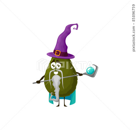 Cartoon avocado fruit character. Exotic fruit fantasy personage, funny mascot with gray beard, wearing wizard hat and holding magic scepter. Fairytale avocado cute sorcerer vector character 85896759