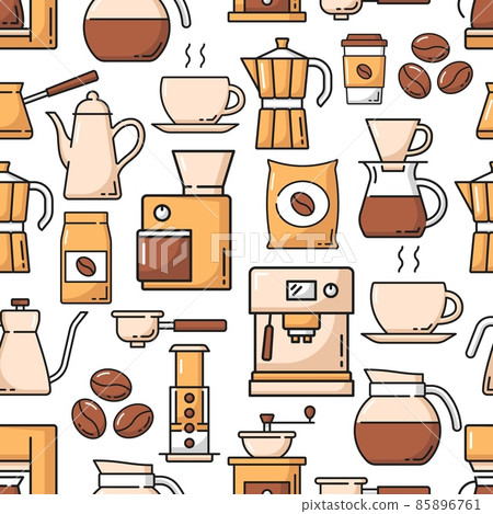 Coffee drink and beans seamless pattern, vector background with coffee makers. Cafe and barista brewing machine and espresso, americano or cappuccino, pot and coffee french press pattern 85896761