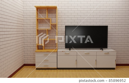 lcd tv on wooden showcase and cabinet in the livingroom.3d rendering. 85896952