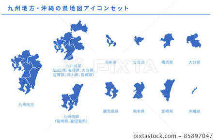 Map of Japan, Kyushu region / Okinawa prefecture map icon set, vector material Map of Japan, Kyushu region / Okinawa prefecture map icon set, vector material 85897047