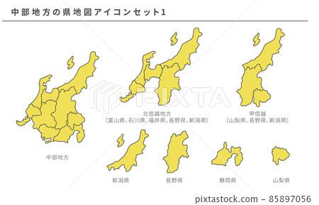 Map of Japan, prefecture map icon set 1 of Chubu region, vector material Map of Japan, prefecture map icon set 1 of Chubu region, vector material 85897056