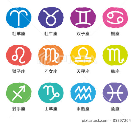 Marks and names of the 12 constellations of the Zodiac, colorful icons, Japanese 85897264