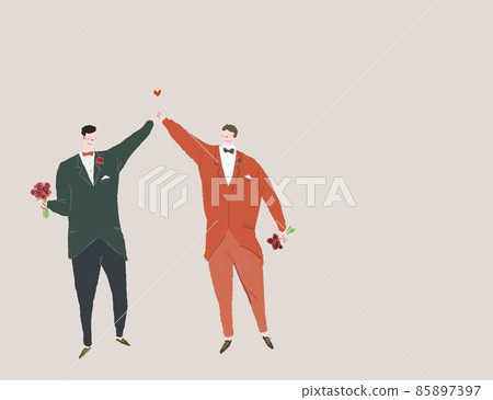 西裝手牽花,打黑領帶的男人,同性戀夫婦,E 側 西裝手牽花,打黑領帶的男人,同性戀夫婦,E 側 85897397