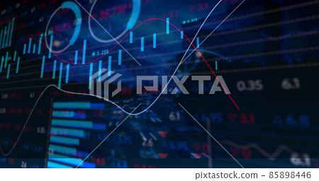 Image of statistics and financial data processing over cityscape 85898446