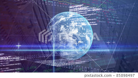 Image of statistics, binary coding and financial data processing over globe Image of statistics, binary coding and financial data processing over globe 85898497