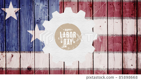 Image of happy labor day text over cog and american flag 85898668