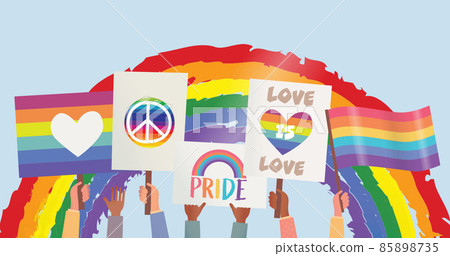 Image of lgbtq demonstration posters and rainbow flags over rainbow 85898735