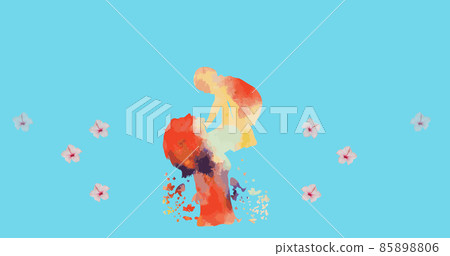 Image of painterly figure of mother lifting baby with pink flowers floating over blue background 85898806