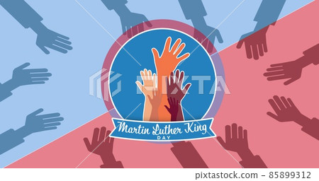 Digital composite image of martin luther king day text with hands symbol over two tone background 85899312