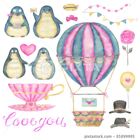 Design set with adorable kawaii penguin bird with hearts, air balloon, vintage cup and love symbols isolated on white, concept for Valentine's Day greeting card Design set with adorable kawaii penguin bird with hearts, air balloon, vintage cup and love symbols isolated on white, concept for Valentine's Day greeting card 85899995