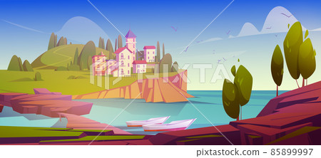 Mediterranean landscape stone houses at sea coast Mediterranean landscape stone houses at sea coast 85899997