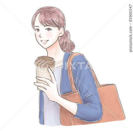 A woman who commute with coffee in a watercolor style 85900347