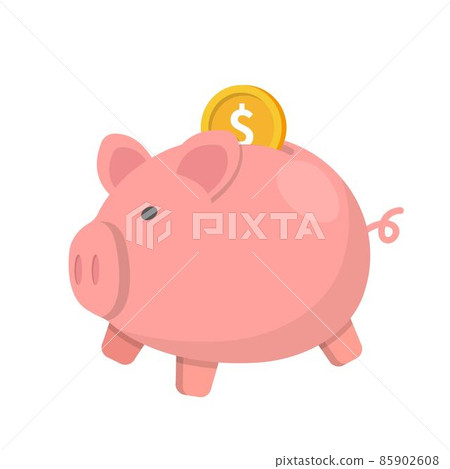 Pink piggy banker with golden coins, saving money for investing wealthy, vector cartoon icon Pink piggy banker with golden coins, saving money for investing wealthy, vector cartoon icon 85902608
