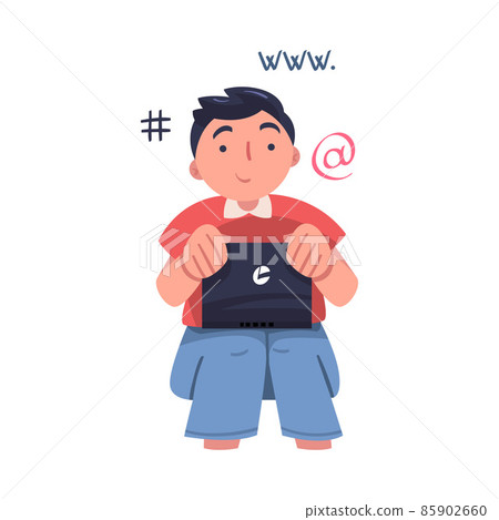 Man Character with Laptop Working with Information Analyzing Data and Browsing Internet Vector Illustration Man Character with Laptop Working with Information Analyzing Data and Browsing Internet Vector Illustration 85902660