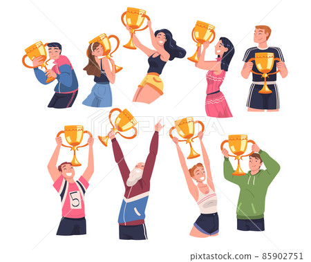 People Winner Character Holding Golden Cup as... - Stock Illustration ...