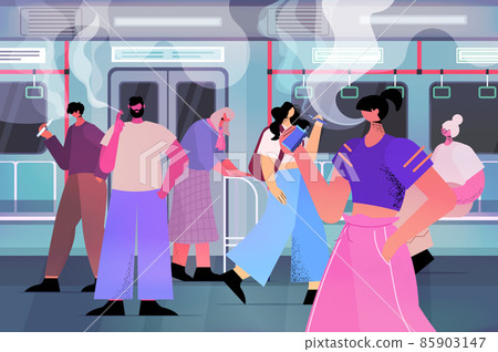passengers smoking e-cigarettes i subway train bad habits unhealthy lifestyle nicotine addiction concept 85903147