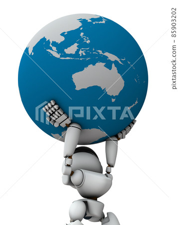 A robot that supports the earth from the foundation. A metaphor for the support of economics and politics around the world by artificial intelligence. A robot that supports the earth from the foundation. A metaphor for the support of economics and politics around the world by artificial intelligence. 85903202