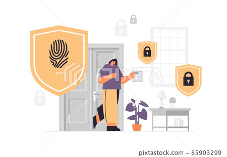 woman touching fingerprint scanner girl controlling smart home devices with biometric scanning security access control woman touching fingerprint scanner girl controlling smart home devices with biometric scanning security access control 85903299