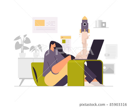 businesswoman launching rocket from laptop creative project company development startup business concept 85903316