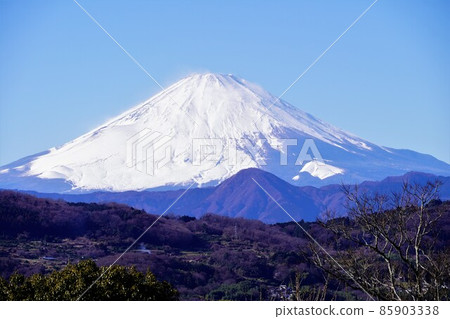 從吾妻山公園山頂看到的白雪皚皚的富士山 從吾妻山公園山頂看到的白雪皚皚的富士山 85903338
