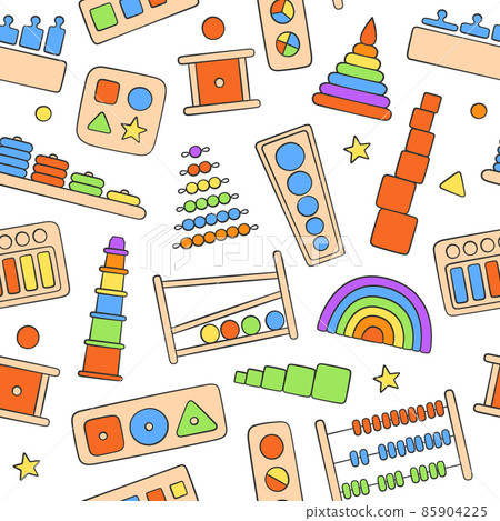 Children wooden toys for Montessori games. Hand drawn baby seamless pattern. Logic toys for preschool kids. Montessori system for early childhood development. Vector illustrations on white background 85904225