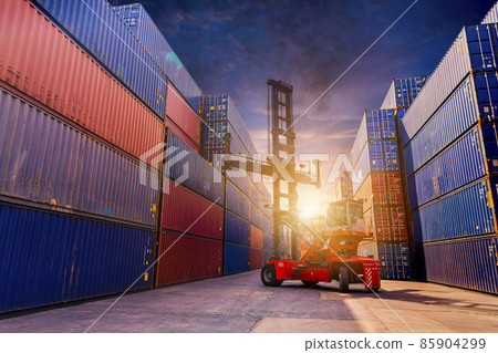 forklift truck seaport waiting container dock crane  shipment harbour loading container boxes import and export commercial trade business logistic and transportation of international. 85904299
