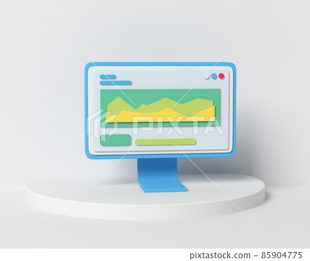 Computer on a pedestal with information and a data diagram. The topic of business analytics, finance, online marketing, data analysis and the concept of web development. 3d rendering illustration. Computer on a pedestal with information and a data diagram. The topic of business analytics, finance, online marketing, data analysis and the concept of web development. 3d rendering illustration. 85904775