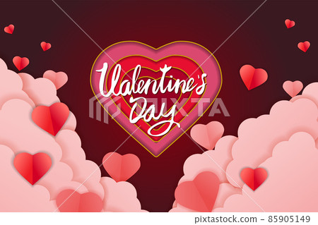 Valentine day papercut craft design banner, red pink hearts and clouds. Template background for greeting card, invitation, vector 85905149