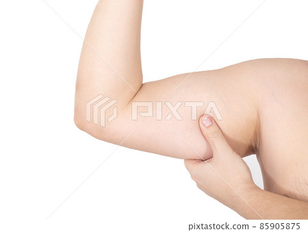Human forearm biceps on white background, isolate. Muscle amyotrophy Concept. Rehabilitation for biceps and triceps injuries Human forearm biceps on white background, isolate. Muscle amyotrophy Concept. Rehabilitation for biceps and triceps injuries 85905875