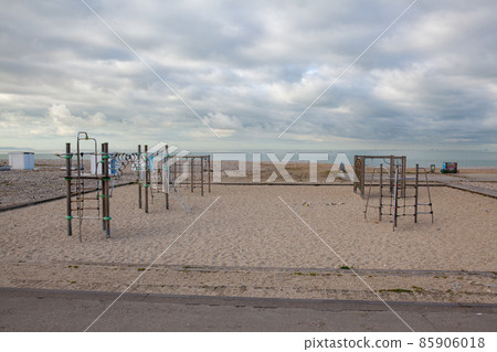 Empty playground on the beach, Le Havre, France. 85906018
