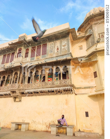 Ancient architecture in Udaipur, Rajasthan. Flight caught in the motion. 85906912