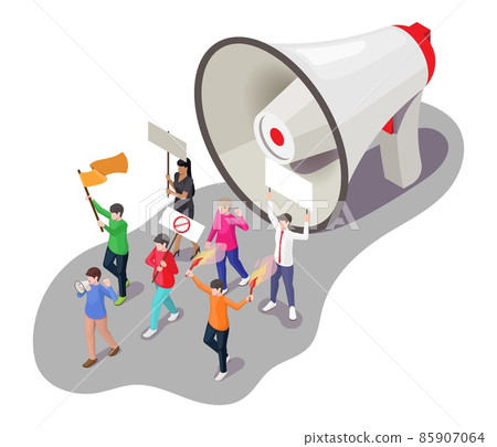 Megaphone, activists. Social activity scene. Protest, strike, picket, demonstration, rally vector isometric illustration 85907064