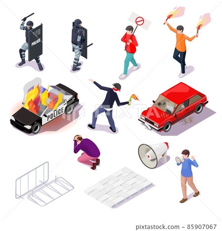 Protest action isometric icon set. Police officer, protester, burning car. Riot, revolution, demonstration, rally strike 85907067