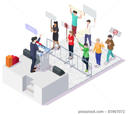 Politician giving speech behind the rostrum in front of protesters with placards. Political protest, strike, vector. 85907072