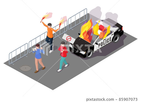 Protest action, vector isometric illustration. Violent public disturbance, civil unrest, street riot. Protest action, vector isometric illustration. Violent public disturbance, civil unrest, street riot. 85907073