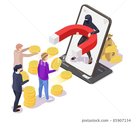 People giving money to thief with magnet from mobile, vector illustration. Financial credit card fraud, cyber crime. People giving money to thief with magnet from mobile, vector illustration. Financial credit card fraud, cyber crime. 85907134