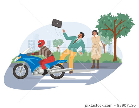 Motorcycle accident, vector illustration. Motorcyclist struck pedestrian on crosswalk. Road traffic accident. Motorcycle accident, vector illustration. Motorcyclist struck pedestrian on crosswalk. Road traffic accident. 85907150
