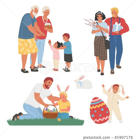 Family Easter celebration scene set, vector illustration. Spring season holiday with bunny, decorated eggs, cake, basket Family Easter celebration scene set, vector illustration. Spring season holiday with bunny, decorated eggs, cake, basket 85907178